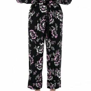 Alexander McQueen Crepe De Chine Pants Black Floral High Rise Crop Boho Hippie 0